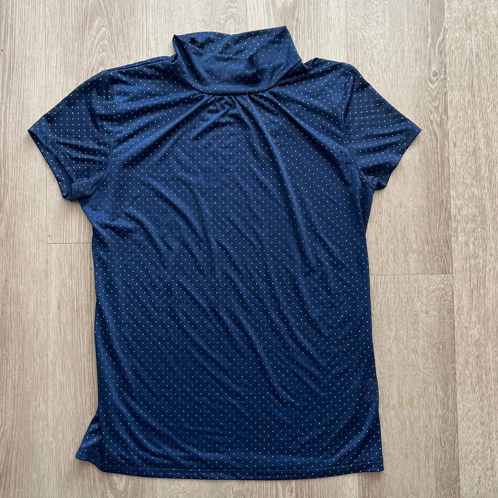 Shannon Ford New York Medium Navy Blue w Silver Polka Dots Blouse